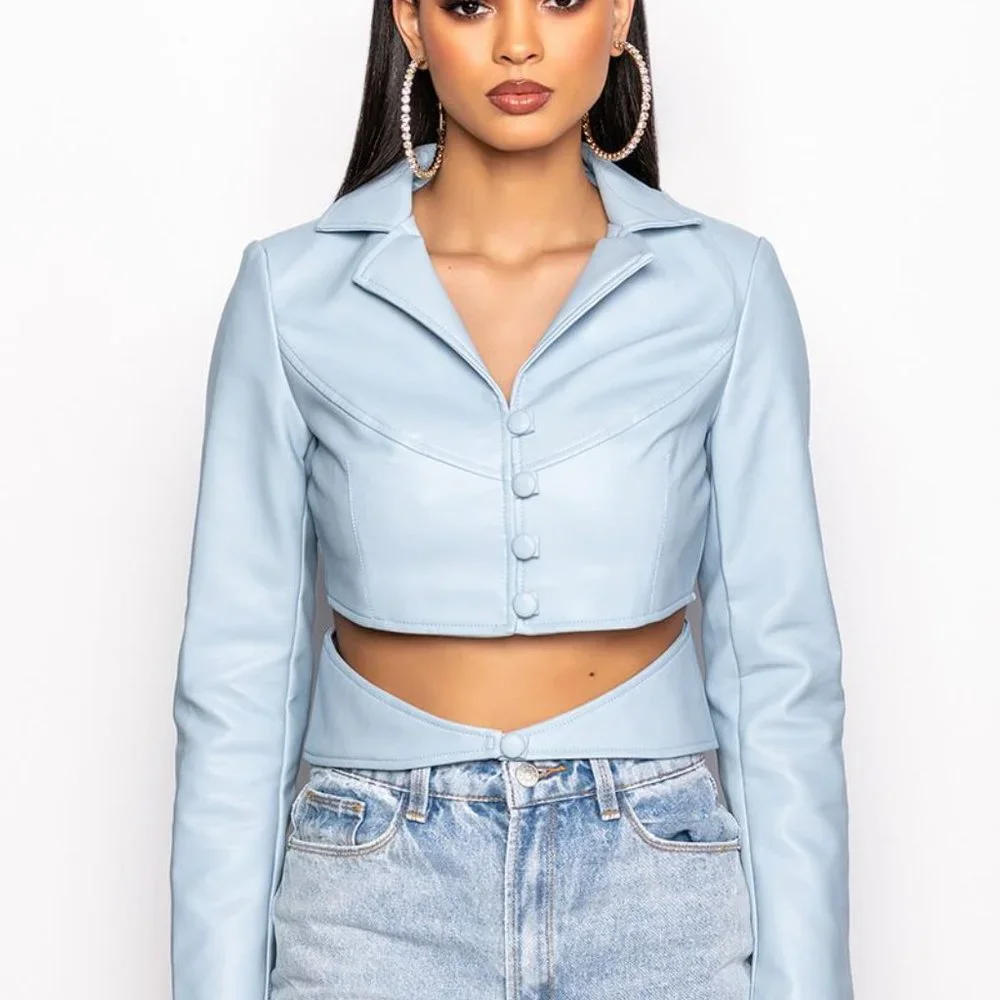 Callie on Clout: Powder Blue Cut Out Button Up Vegan Leather Blazer - Picture 8 of 10